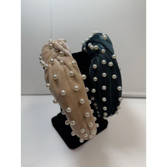 Velvet Top Knot Faux Pearl Embellished Headband Bundle Lot Of 2 Cream & Teal New - Picture 2 of 6